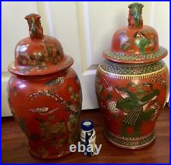 Chinese large pair Wucai ginger jar temple vase foo dog lid bird Famille Verte