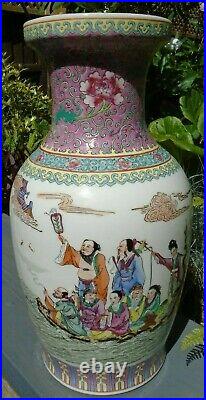 Chinese large vase hand painted Famille rose with writing top side and seal mark