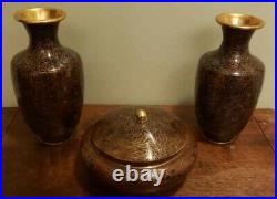 Cloisonne set of 3 Pair of two 10 Vases and large 8 ginger jar with Flowers