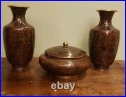 Cloisonne set of 3 Pair of two 10 Vases and large 8 ginger jar with Flowers