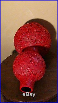 EARLY 20c CHINESE DIP RED LACQUERED CINNABAR LARGE DOUBLE GOURD SHAPE VASE 20H
