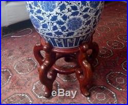 Elegant and Modern Large Chinese Blue & White Planter with Red Wood Stand