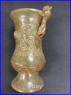 Excellent Large 6.5 Inches Chinese Old HeTian Jade Hand Carved 2Dragons Vase