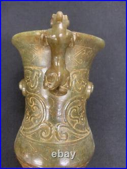 Excellent Large 6.5 Inches Chinese Old HeTian Jade Hand Carved 2Dragons Vase