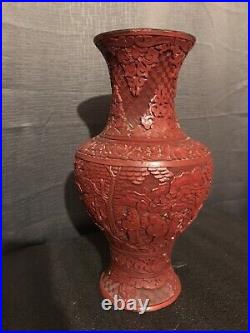 Exquisite Antique Vintage Large Chinese Red Lacquered Cinnabar Vase 12 1/2
