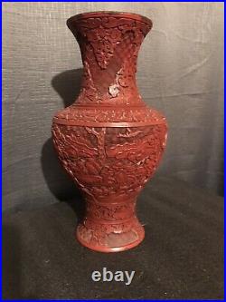 Exquisite Antique / Vintage Large Chinese Red Lacquered Cinnabar Vase 12 1/2
