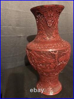 Exquisite Antique Vintage Large Chinese Red Lacquered Cinnabar Vase 12 1/2