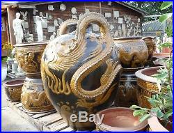 Extra Large Chinese Thai Glazed Embossed Dragon Vase Garden Pot