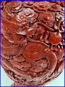 Fine Large Antique Chinese Carved Dragon & Clouds Cinnabar Lacquer Vase