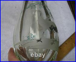 Fine Large CHINESE ETCHED GLASS VASE withCRANES-Painted Highlights-NR