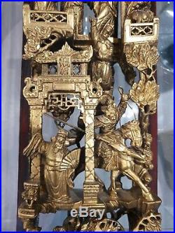 Fine Large Chinese Qing Period Pierced Carved Wood Gold Gilt Panel Plaque