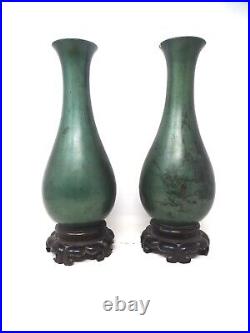 Fuzhou/Foochow Large Mirror Pair Green Ground Lacquer Vases Marked