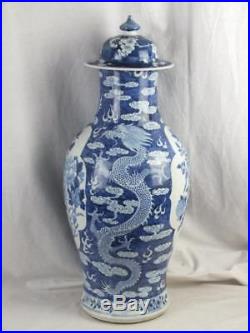 Good Large 25 19th C Chinese Porcelain Blue & White Birds Dragons Vase & Cover