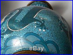 Good Pair Large Antique Chinese Cloisonne Dragon Vases Signed, 32cm