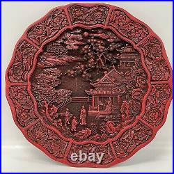Impressive Large Chinese Carved Cinnabar Lacquer Plaque / Plate 29cm Antique