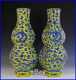 Incredible Large Pair Antique Chinese Yellow And Blue Porcelain Dragon Vases