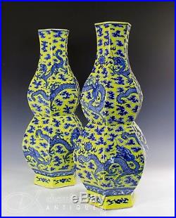 Incredible Large Pair Antique Chinese Yellow And Blue Porcelain Dragon Vases