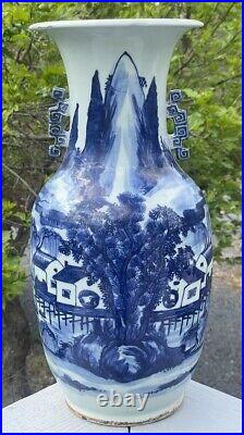 LARGE 16.75 Antique Chinese Canton Blue White Porcelain Vase Handles Qing 19th