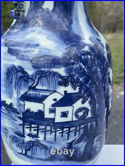 LARGE 16.75 Antique Chinese Canton Blue White Porcelain Vase Handles Qing 19th