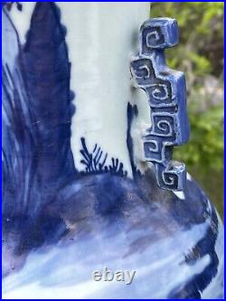 LARGE 16.75 Antique Chinese Canton Blue White Porcelain Vase Handles Qing 19th