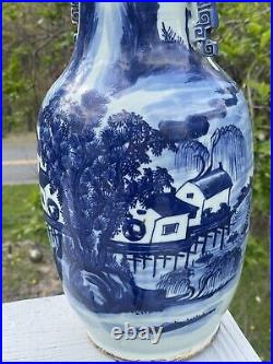 LARGE 16.75 Antique Chinese Canton Blue White Porcelain Vase Handles Qing 19th