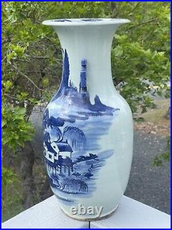 LARGE 16.75 Antique Chinese Canton Blue White Porcelain Vase Handles Qing 19th