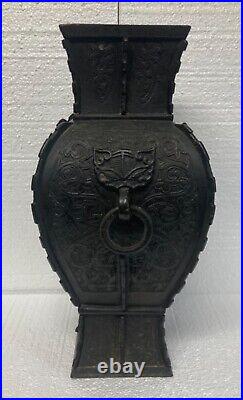 LARGE 17th c antique Chinese lacquered bronze FANG vase / censer