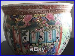 LARGE 20th C Chinese Porcelain Fish Bowl Vase Painted Court Figures Scholar Art