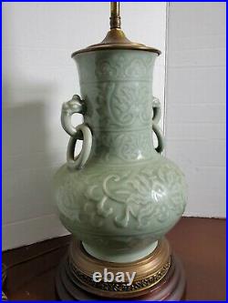LARGE ANTIQUE CHINESE LONGQUAN CELADON GREEN GLAZE VASE TABLE LAMP Chinoiserie