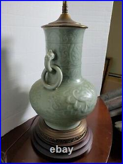 LARGE ANTIQUE CHINESE LONGQUAN CELADON GREEN GLAZE VASE TABLE LAMP Chinoiserie