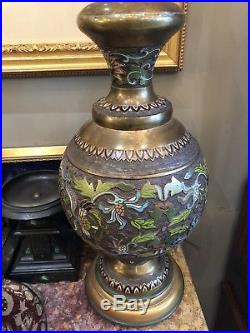 LARGE Antique 19th C Chinese BRONZE CLOISONNE ENAMEL VASE FITTED AS LAMP