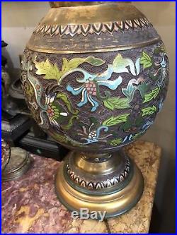 LARGE Antique 19th C Chinese BRONZE CLOISONNE ENAMEL VASE FITTED AS LAMP