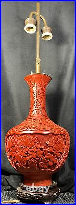 LARGE Antique Chinese CARVED RED CINNABAR TABLE LAMP