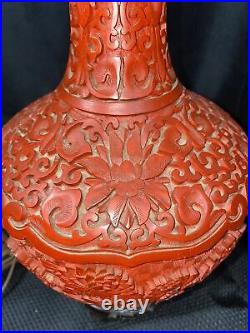 LARGE Antique Chinese CARVED RED CINNABAR TABLE LAMP