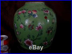 LARGE Antique Chinese Ginger Jar Famille ROSE Verte Green VASE