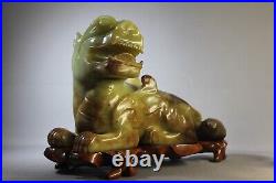 LARGE Antique Chinese Jade Carved statue FOO DOG DRAGON Wood Stand 8.5kg/19 lb