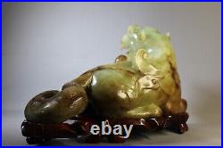 LARGE Antique Chinese Jade Carved statue FOO DOG DRAGON Wood Stand 8.5kg/19 lb