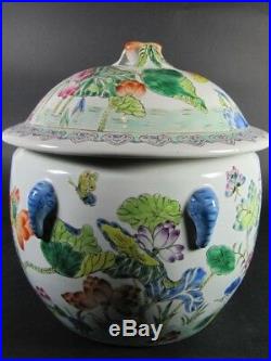 LARGE Antique Porcelain Famille Verte Rose Chinese Lidded Bowl Ginger Jar Vase