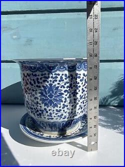 LARGE CHINESE BLUE & WHITE SCROLLING LOTUS PLANTER VASE With SAUCER PLATE, MARKED