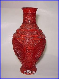 LARGE Chinese Cinnabar Lacquer Brass VASE Tall 14 7/8
