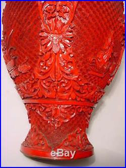 LARGE Chinese Cinnabar Lacquer Brass VASE Tall 14 7/8