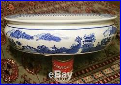 LARGE! Chinese blue & white planter tray porcelain fish bowl flower pot jar vase