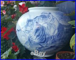 LARGE TIGER vtg chinese buddha porcelain vase japanese art celadon blue pottery