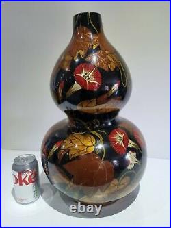 LARGE Vintage Chinese Double Gourd decorated with gold red foliage birds vase