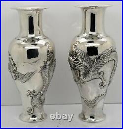 LARGE pair of CHINESE EXPORT solid silver DRAGON & PHOENIX VASES. Signed c1900