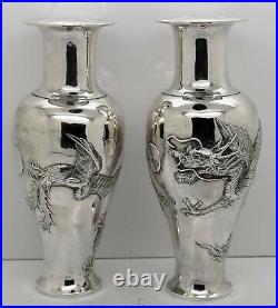 LARGE pair of CHINESE EXPORT solid silver DRAGON & PHOENIX VASES. Signed c1900