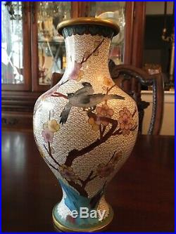 Large 10.25 Tall CHINESE Cloisonne Enamel Vase, Birds, Flowers, Tree