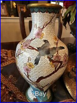 Large 10.25 Tall CHINESE Cloisonne Enamel Vase, Birds, Flowers, Tree