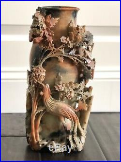 Large 12-1/2 Antique Hand-Carved Chinese Floral Jade Soapstone Vase