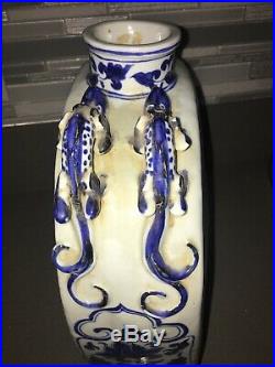 Large 15 In Antique Chinese Blue/white Flask. Shading And Color